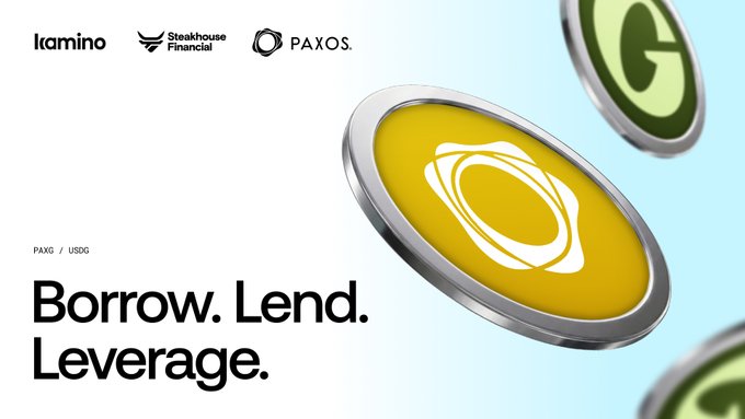 A promotional graphic featuring logos for Iamino, Steakhouse Financial, and Paxos alongside 'PAXG / USDG' text and the slogan 'Borrow. Lend. Leverage.' next to a large gold PAXG coin.