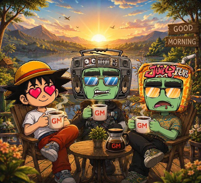 A colorful anime/manga-style cartoon illustration of a boy with heart eyes and two zombie-like characters holding 'GM' coffee mugs at a lakeside table, with a 'GOOD MORNING' sign.