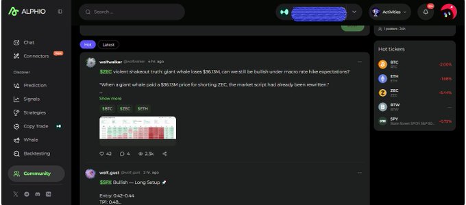 A screenshot of the 'ALPHO' platform shows a community feed discussing 'SZEC' short positions, with hot tickers including BTC, ETH, ZEC, BTW, and SPY.