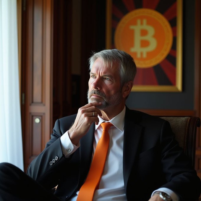 A stylized portrait of a gray-haired man in a dark suit with an orange tie, sitting thoughtfully in a chair with a framed Bitcoin logo on the wall behind him.