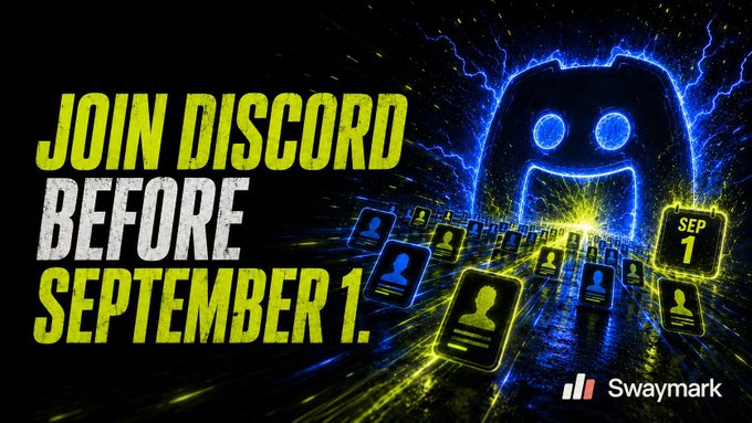 Promotional graphic with bold yellow and white text reading 'JOIN DISCORD BEFORE SEPTEMBER 1.' alongside a blue neon robot-like figure and floating contact icons, branded with the 'Swaymark' logo.