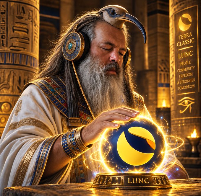 AI-generated artwork of an Egyptian priest with a long beard and ibis headpiece wearing headphones, hovering his hands over a glowing orb containing the Terra Classic (LUNC) logo in an ancient Egyptian temple setting.