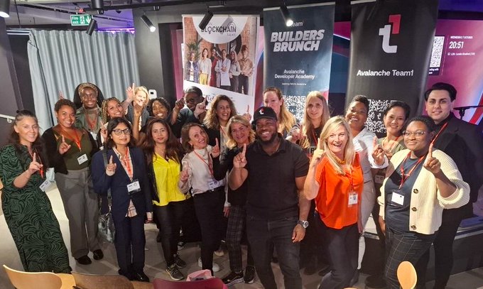 A large, diverse group of smiling professionals poses for a group photo at a networking event, many making peace signs, with banners behind them reading 'CLOCK&HAM', 'BUILDERS BRUNCH Avalanche Developers Academy', and 'Avalanche Team1'.