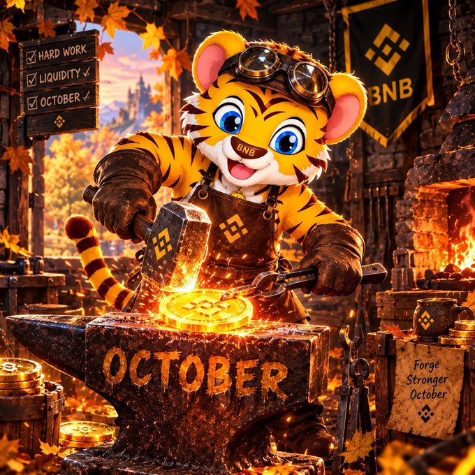 An illustrated scene of a tiger cub blacksmith wearing goggles and wielding a hammer at an anvil labeled 'OCTOBER', with a checklist reading 'HARD WORK, LIQUIDITY, OCTOBER' and BNB branding visible.