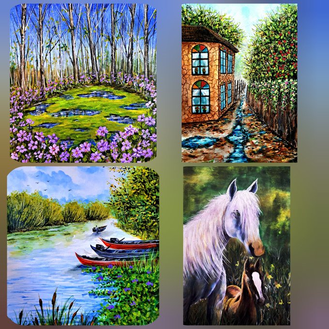 A collection of four vibrant landscape paintings featuring a flower-filled clearing, a stone house with a path, a tranquil river with red canoes, and a white horse with a foal.