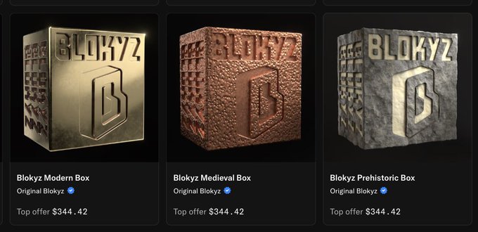 Three NFT boxes labeled "Blokyz" are displayed for sale: Modern Box, Medieval Box, and Prehistoric Box, each with a top offer price of $344.42.