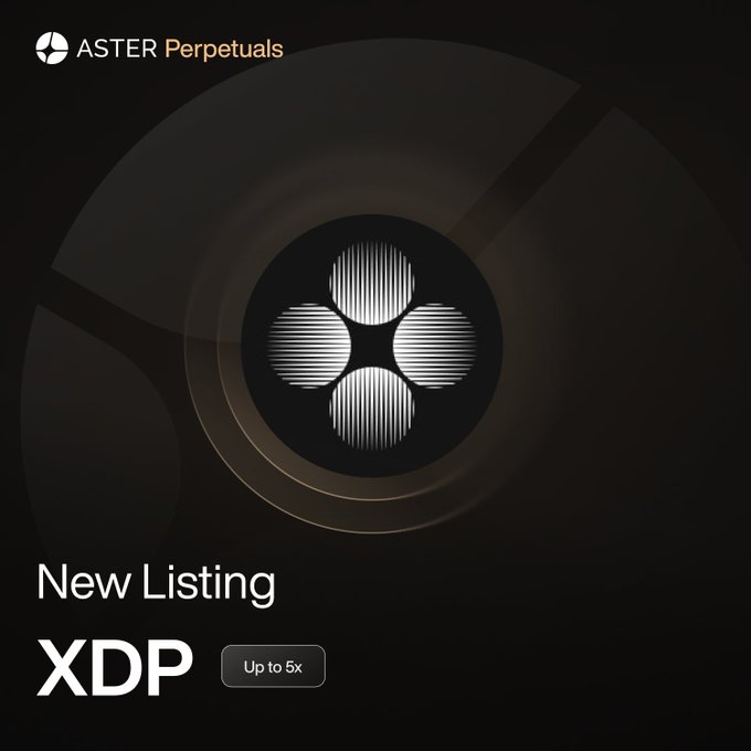 Aster Perpetuals promotional graphic announcing a new listing for XDP token with up to 5x leverage, featuring the Aster logo.