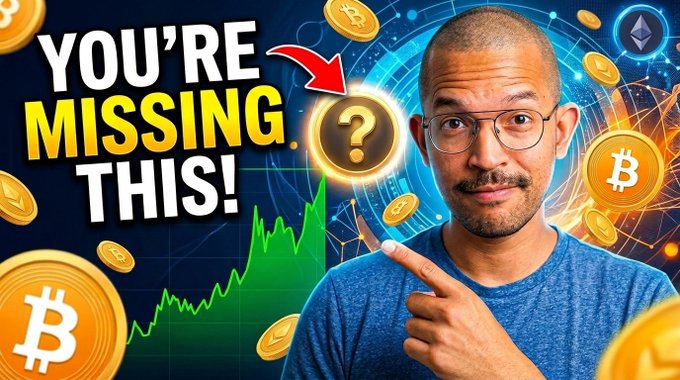 A YouTube-style thumbnail features a man pointing at a glowing question mark coin, with bold text reading 'YOU'RE MISSING THIS!', surrounded by graphics of Bitcoin and Ethereum.
