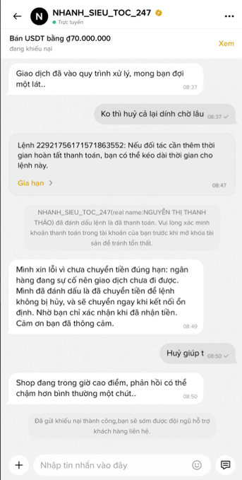 A screenshot of a Vietnamese chat conversation regarding a $70,000,000 USDT transaction from user 'NHANH_SIEU_TOC_247', where the seller explains that the order is in a hot-selling period and is not finalized yet.