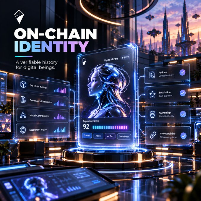 A futuristic digital poster titled 'ON-CHAIN IDENTITY' displaying a holographic digital identity profile with reputation score, on-chain activity, and verification metrics.