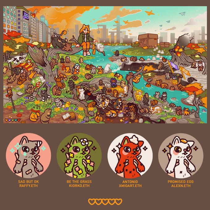 A colorful pixel art illustration of cats in an autumn landscape scene, with four NFT character icons below labeled 'SAD BUT OK RAFFY.ETH', 'BE THE GRASS KIORXO.ETH', 'ANTONIO XMIOART.ETH', and 'PROMISED EGG ALEXN.ETH'.