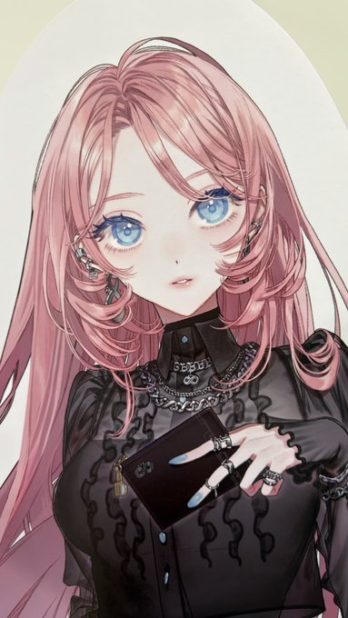 An anime-style illustration of Luca-nee from SOLWA, shown with long pink hair, blue eyes, gothic black clothing, and a wallet. The post expresses admiration for her beautiful face and says it belongs to Luca-nee’s wallet.