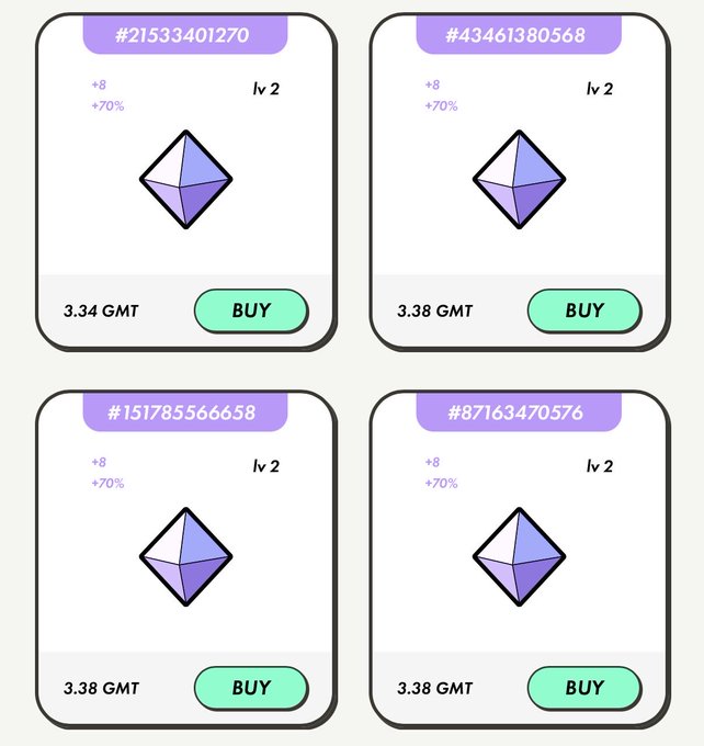 The image displays four purple diamonds, each accompanied by a price tag indicating that they are for sale at 3gmt. The price tags also state "Buy" followed by the amount paid.