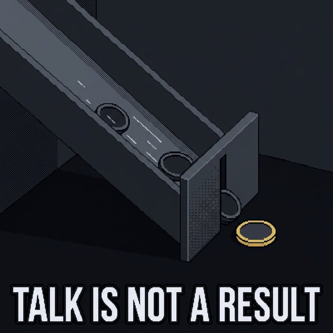 An isometric dark gray illustration shows a slot machine-like chute with rings sliding down, captioned 'TALK IS NOT A RESULT'.