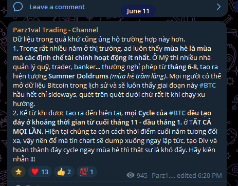 A screenshot of a Telegram post in the 'Parzival Trading - Channel' analyzing Bitcoin cycles and mentioning 'Summer Doldrums' and 'BTC'.