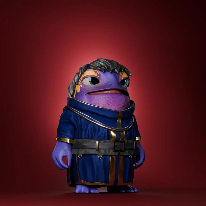 A 3D-rendered purple character with black hair, wearing a blue and gold tunic with a black belt, stands against a dark red background.