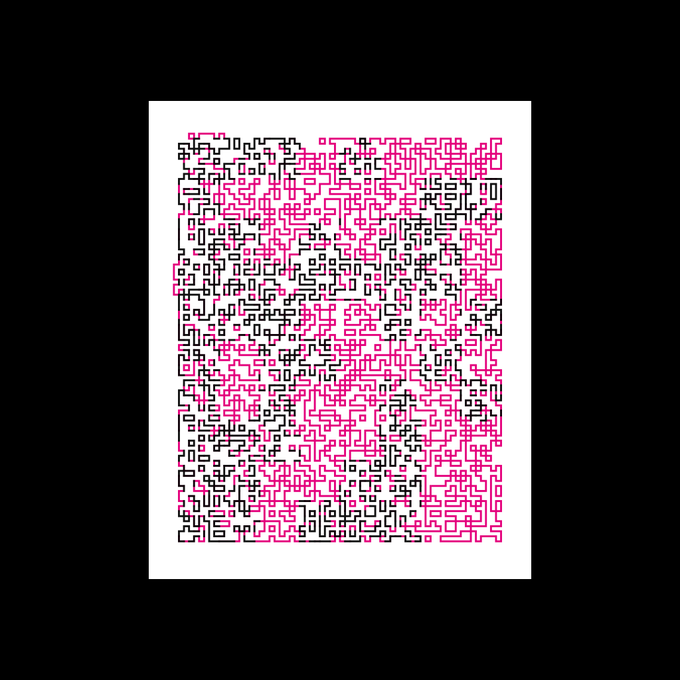 An abstract artwork featuring an intricate maze-like pattern of black and pink interlocking lines on a white background, framed by black borders.