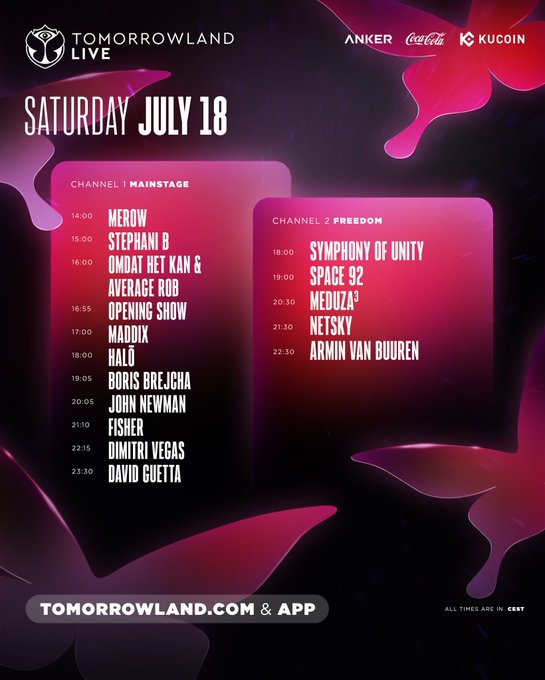This image is a schedule for Tomorrowland LIVE on Saturday, July 18, featuring artists like David Guetta and Armin van Buuren on Channel 1 Mainstage and Channel 2 Freedom, respectively. The graphic promotes tuning in live via tomorrowland.com or the Tomorrowland App, coinciding with the provided post details.