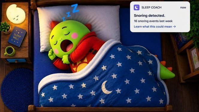 A 3D-rendered green character sleeps in a bed with a starry blue blanket, accompanied by a notification from 'SLEEP COACH' stating 'Snoring detected. 16 snoring events last week.'