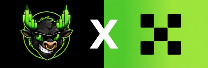A split black-and-green banner featuring a grinning bull mascot with green digital horns on the left, a white "X" in the center, and a black checkered square logo on the right, promoting a partnership between Stoxes and an unidentified platform in line with the post's message about infrastructure-first growth.