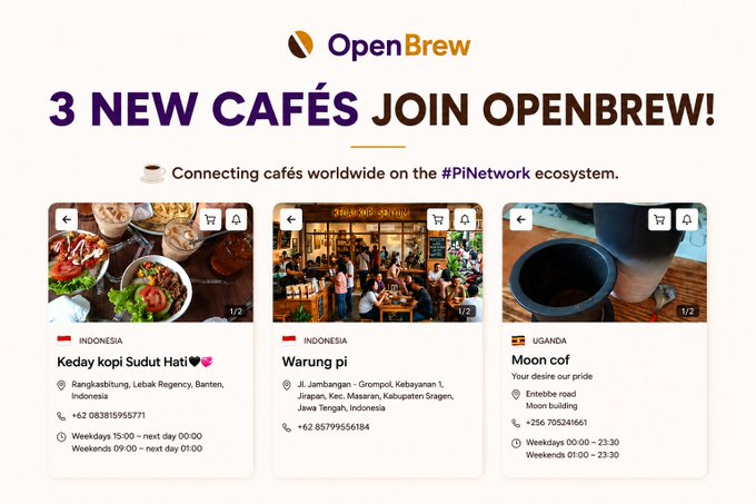 A promotional graphic for OpenBrew announcing '3 NEW CAFÉS JOIN OPENBREW!', featuring cards for Keday kopi Sudut Hati and Warung pi in Indonesia, and Moon cof in Uganda.