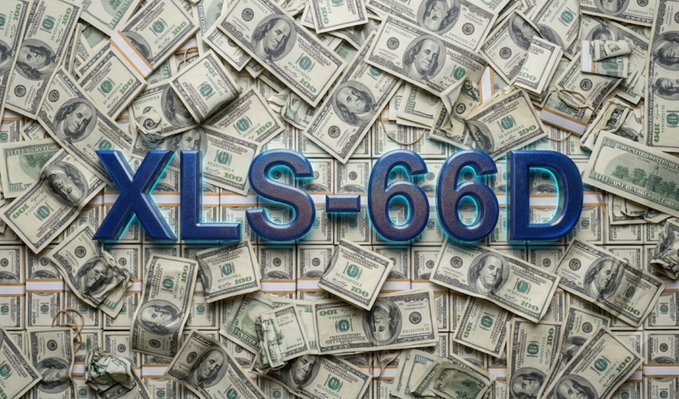 A pile of $100 bills is overlaid with bold blue text reading "XLS-66D." The image visually reinforces the post's theme of investing in XRP at its current low price to secure a long-term position.