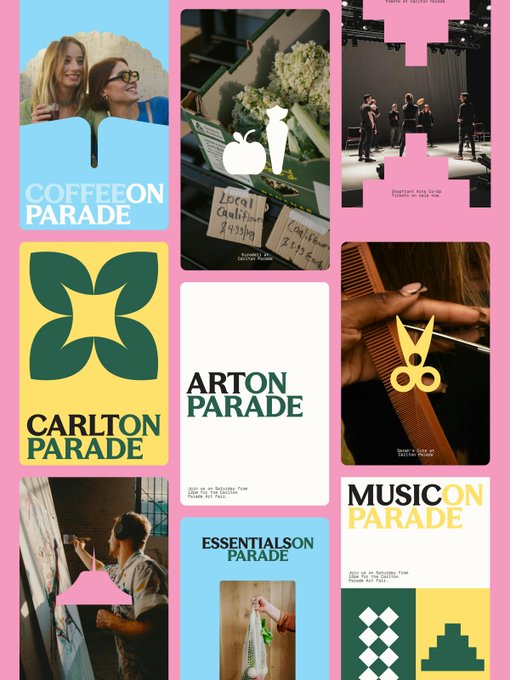 A grid collage of various design boards labeled 'COFFEE ON PARADE', 'CARLTON PARADE', 'ARTON PARADE', 'ESSENTIALS ON PARADE', and 'MUSIC ON PARADE' with diverse images.