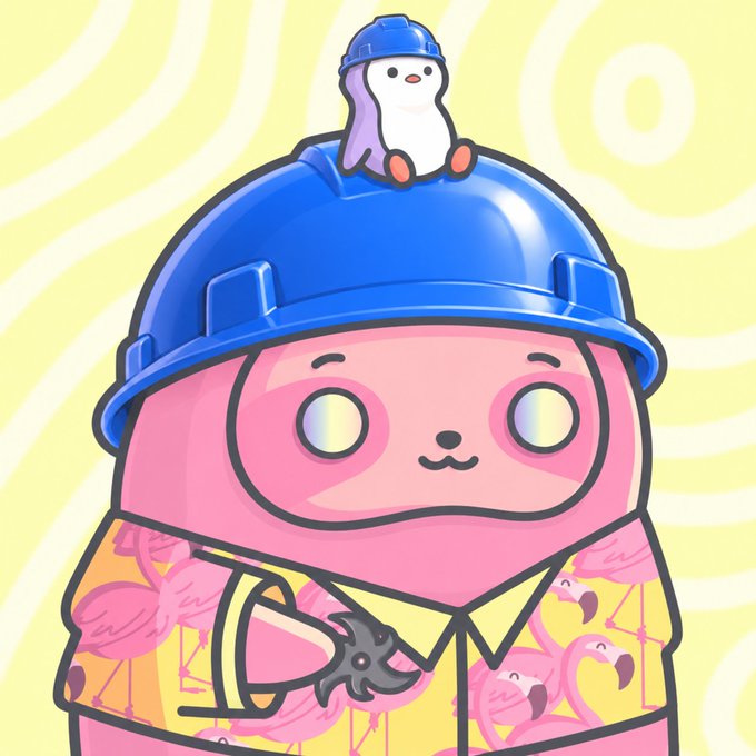A chibi-style pink character wearing a blue hard hat, with a small penguin sporting a matching blue hard hat perched on top, wears a Hawaiian shirt printed with flamingos and scales of justice; this playful, quirky illustration aligns with the chaotic, meme-like post about the user's new PFP (profile picture) celebrating Base and the Basecat community.