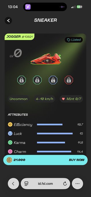 A mobile app screenshot showing a 'JOGGER #13821' sneaker NFT for sale at 21.000 with attributes for Efficiency, Luck, Karma, and Charm.