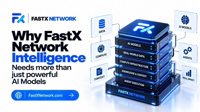 A promotional banner for 'FASTX NETWORK' titled 'Why FastX Network Intelligence Needs more than just powerful AI Models', featuring a 3D stack diagram of services like AI Models, Compute, and Data.