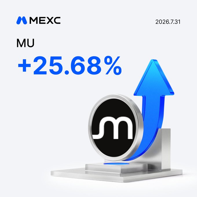 This image shows the MEXC logo and the ticker symbol "MU" with a "+25.68%" graphic, accompanied by a rising blue arrow, indicating a significant price increase for the MU cryptocurrency. The date 2026.7.31 is also visible.
