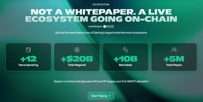 A green-themed promotional graphic titled "NOT A WHITEPAPER. A LIVE ECOSYSTEM GOING ON-CHAIN" advertises an ecosystem with stats: +12 Years Operating, +$20B Total Wagered, +10B Bets Made, +5M Total Players, with a "Start Playing" button at the bottom.