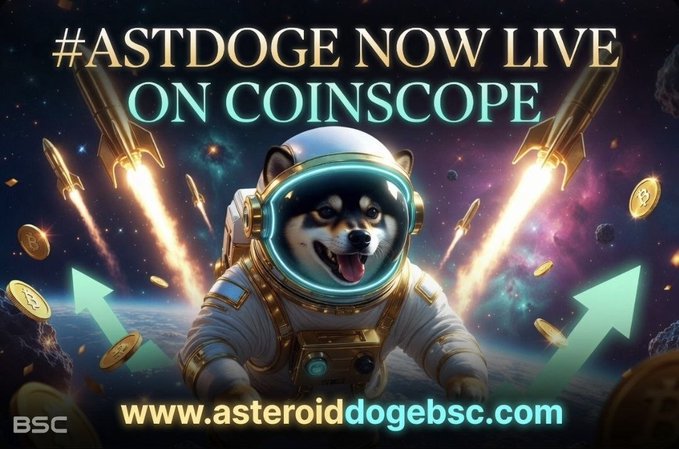 The image features a cute Shiba Inu dog dressed in an astronaut suit, sitting in front of coins that are flying around him. The background has various rocket ships surrounding the dog, creating a space theme for the advertisement. In the middle of the advertisement, there is text that reads "ASTDOGE now live on Coinscape", which suggests that it's a promotional event related to cryptocurrency or digital currencies. Additionally, there is an image of a website in the bottom right corner with white text saying "$astroid dogebsc.com".