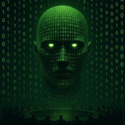 A dark, green-tinted digital illustration of a human head made of binary code with glowing eyes, surrounded by falling 1s and 0s, positioned above a silhouetted audience.