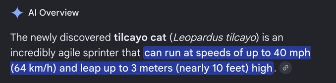 An AI Overview snippet stating: 'The newly discovered tilcayo cat (Leopardus tilcayo) is an incredibly agile sprinter that can run at speeds of up to 40 mph (64 km/h) and leap up to 3 meters (nearly 10 feet) high.'