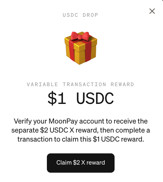 A "USDC Drop" pop-up offers a $1 USDC variable transaction reward, with instructions to verify a MoonPay account for a separate $2 USDC X reward before completing a transaction, featuring a "Claim $2 X reward" button. This ties to the post highlighting that MoonPay USDC rewards are live, with the user eligible for $3 total after completing additional verification steps.