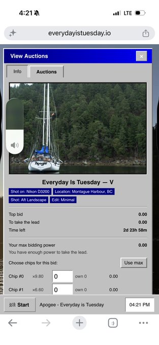 A mobile screenshot of everydayistuesday.io shows an auction for an image titled 'Everyday Is Tuesday - V' shot on a Nikon D3200 at Montague Harbour, BC.