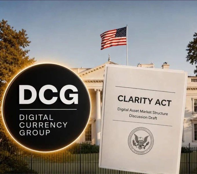 A graphic showing the Digital Currency Group (DCG) logo alongside a 'CLARITY ACT - Digital Asset Market Structure Discussion Draft' document with the White House and American flag in the background.