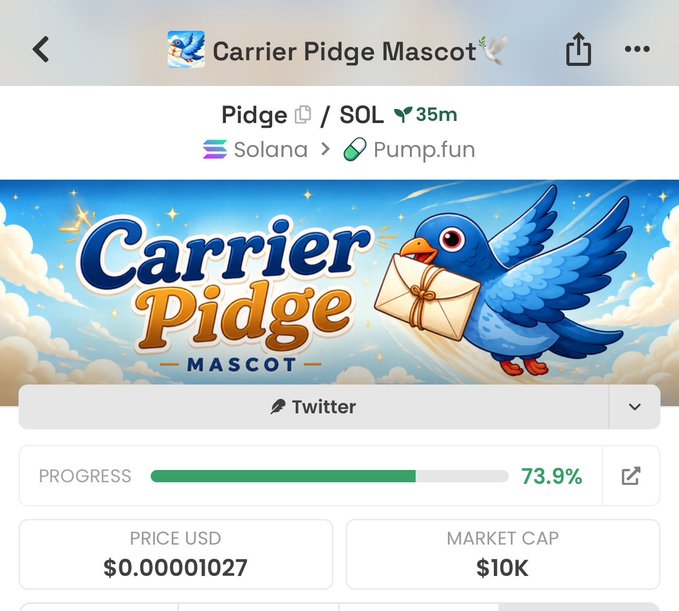 Screenshot of a Pump.fun token page for "Carrier Pidge Mascot" (ticker: Pidge/SOL), showing the project at 73.9% bonding progress with a $10K market cap and price of $0.00001027, while the accompanying X post promotes $pidge as a viral memecoin with bullish sentiment.