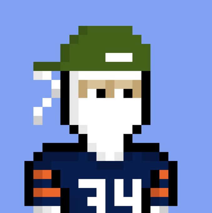 A pixel art avatar of a character wearing a green cap, white face covering/mask, and a dark blue jersey with the number 34.