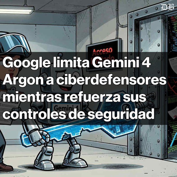 A cartoon illustration shows a person and a robot holding a key in a vault, overlaid with Spanish text reading 'Google limita Gemini 4 Argon a ciberdefensores mientras refuerza sus controles de seguridad.'