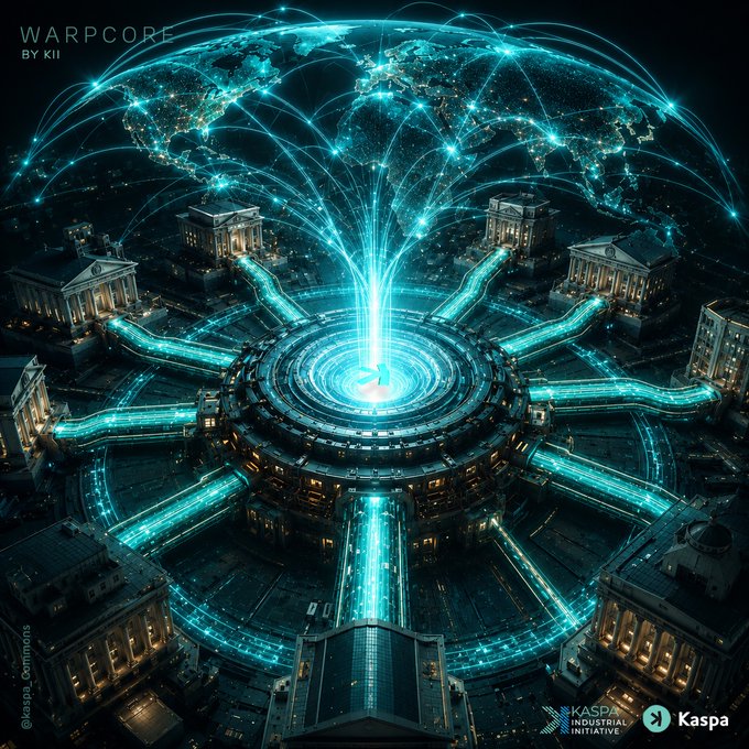 A glowing digital globe hovers above a futuristic circular data hub with radiant turquoise energy beams connecting banks and institutions across the world, branded "WARPCORE BY KII" and featuring "Kaspa Industrial Initiative" and "Kaspa" logos—visually reinforcing the post's message about Swift's banking pilot and high-throughput, always-on settlement networks.