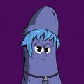 A digital illustration of a purple wizard hat character with blue hair and tired-looking eyes, set against a matching purple background. The melancholic-looking character appears to relate to the post's theme of providing guaranteed spots (GTDs) for friends to mint a new NFT project.