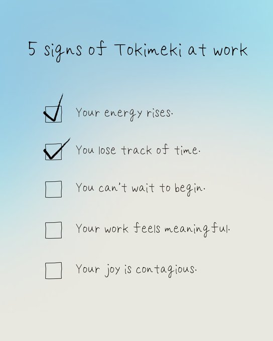 An illustration titled '5 signs of Tokimeki at work' lists five points with checkboxes, where 'Your energy rises' and 'You lose track of time' are checked.