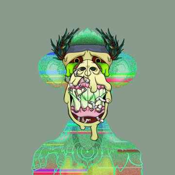 A vibrant glitch-art style Mutant Ape (MAYC #29325) from Bored Ape Yacht Club, featuring a yellow head with green feathered cap and cherry-topped melting ice cream dripping into its mouth, rendered in bright neon colors with a distorted VHS effect.