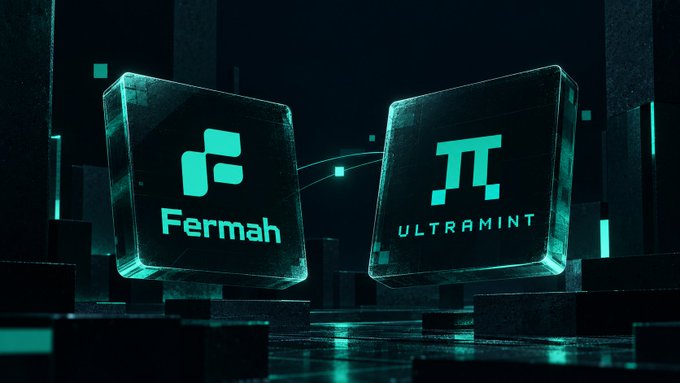 A dark, cyan-toned promotional image showing two glowing glass cube logos for "Fermah" and "ULTRAMINT," connected by a faint line.