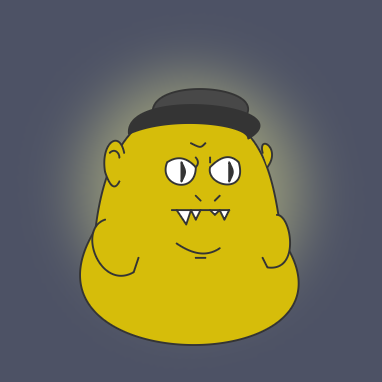 A cartoonish yellow blob character with sharp teeth and a black hat, resembling a stylized Pepe, against a dark blue background.