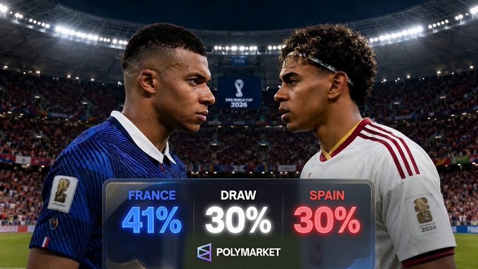 A promotional graphic for Polymarket predicting a FIFA World Cup 2026 match between France and Spain. The image features Mbappé and Lamine Yamal facing off, with current odds showing France at 41%, a Draw at 30%, and Spain at 30%.