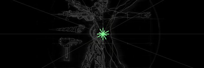A stylized blueprint or schematic illustration shows a figure with various weapons (a gun, blade) and tools arranged around the body, with a green starburst graphic in the center against a black background.