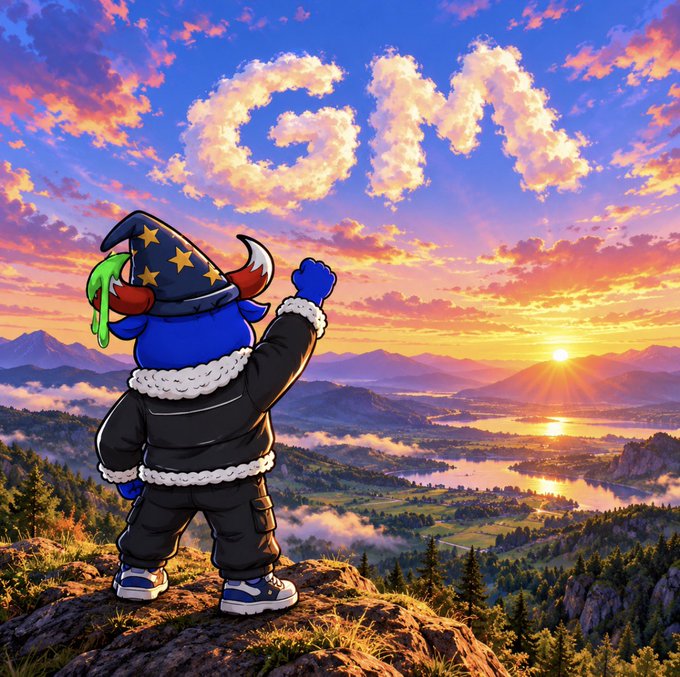 A blue cartoon character wearing a wizard hat and black puffer jacket stands on a cliff overlooking a scenic valley at sunset, with the word "GAIM" spelled out in clouds in the sky.